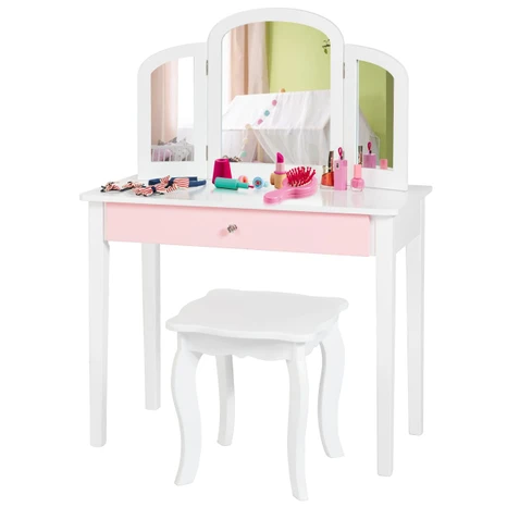 Toaletka dziecięca, 2 w 1, z potrójnym, składanym lustrem i szufladą w kolorze białym
