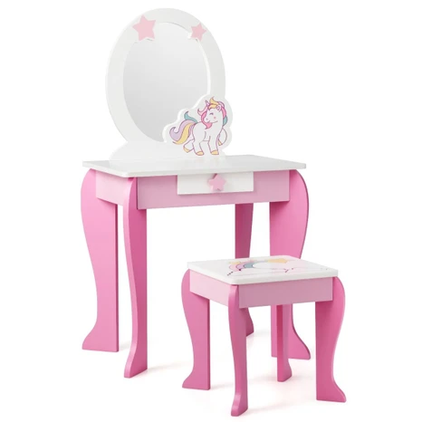 Toaletka dziecięca z taboretem, przekładanym lustrem, różowo-biała