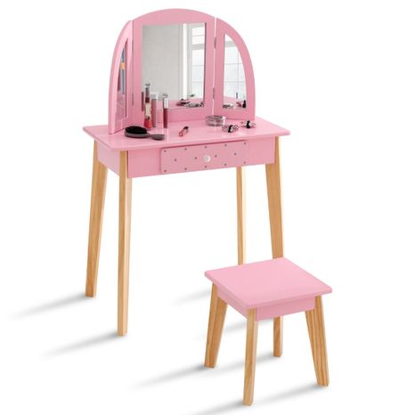 Toaletka dziecięca z taboretek, różowa/drewno